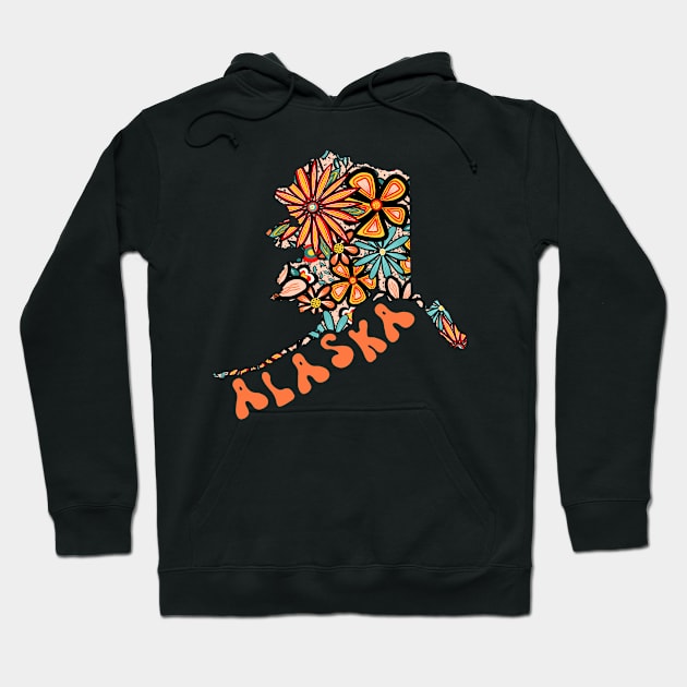 Alaska State Design | Artist Designed Illustration Featuring Alaska State Outline Filled With Retro Flowers with Retro Hand-Lettering Hoodie by MarcyBrennanArt